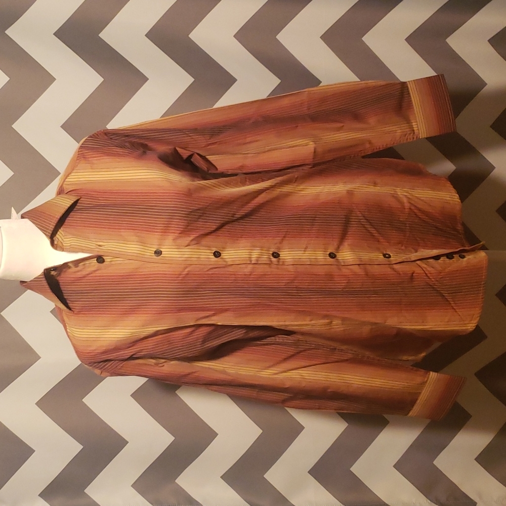 Striped Long Sleeve Button-Up Shirt in Rust and Gold Tones